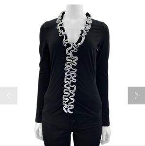 Anne Fontaine Black Zip Up Cardigan with White ruffle Trim Size 36 (Xs/S)